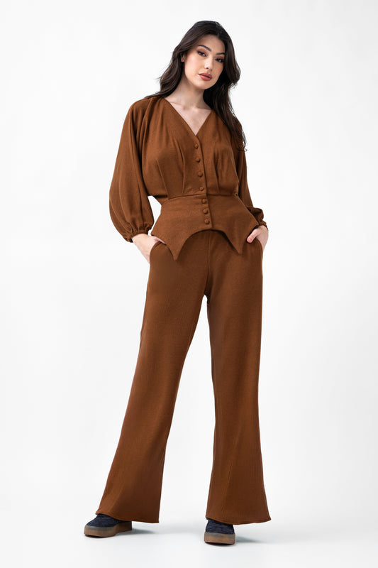 Brown Set With Blouse With Puffed Sleeves And Wide Leg Trousers