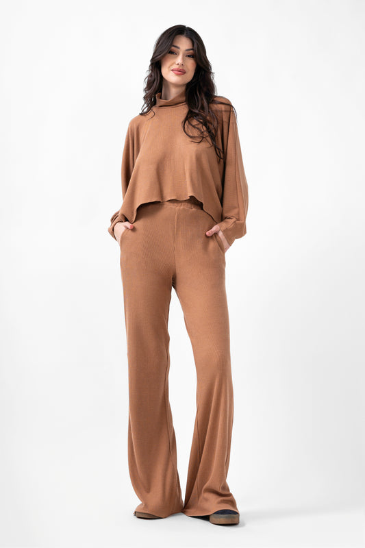 Camel Knitted  Set With Blouse And Wide Leg Trousers