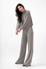 Grey Knitted Set With Blouse And Wide Leg Trousers