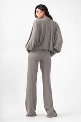 Grey Knitted Set With Blouse And Wide Leg Trousers