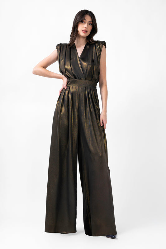 Black Maxi Jumpsuit With Gold Inserts And Draped Bodice