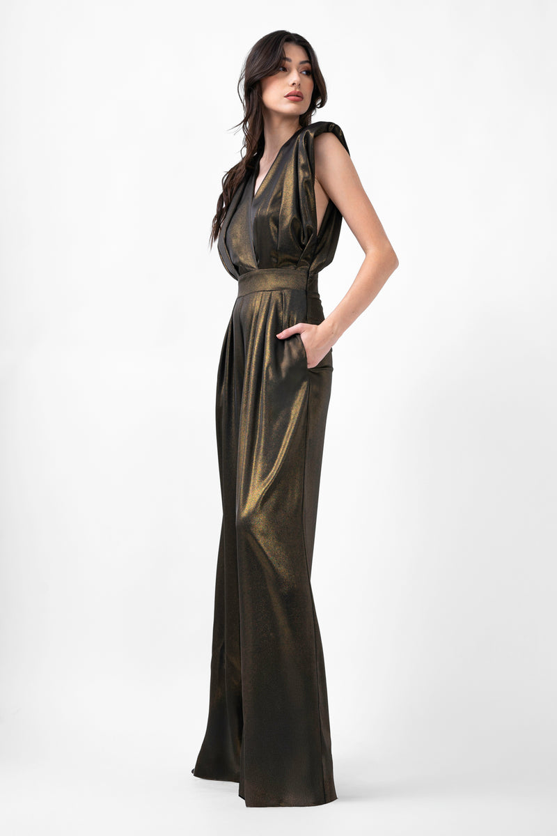 Black Maxi Jumpsuit With Gold Inserts And Draped Bodice