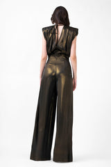 Black Maxi Jumpsuit With Gold Inserts And Draped Bodice