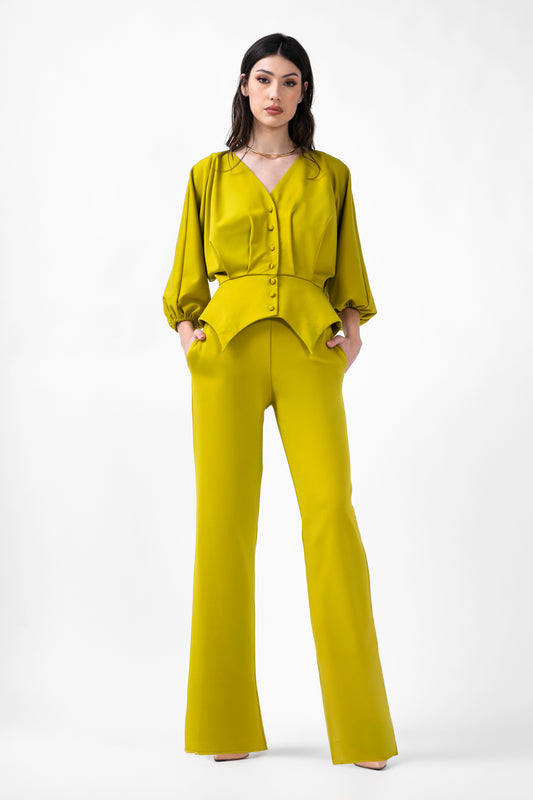 Lime Set With Blouse With Puffed Sleeves And Wide Leg Trousers