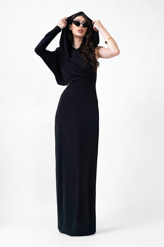 Rochie maxi neagra cu gluga