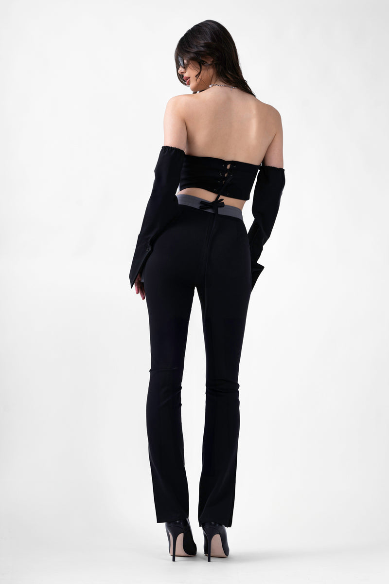 Black Set With Cropped Top And Straight Trousers