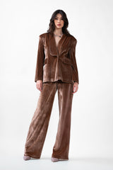 Brown Velvet Suit With Blazer And Straight Trousers