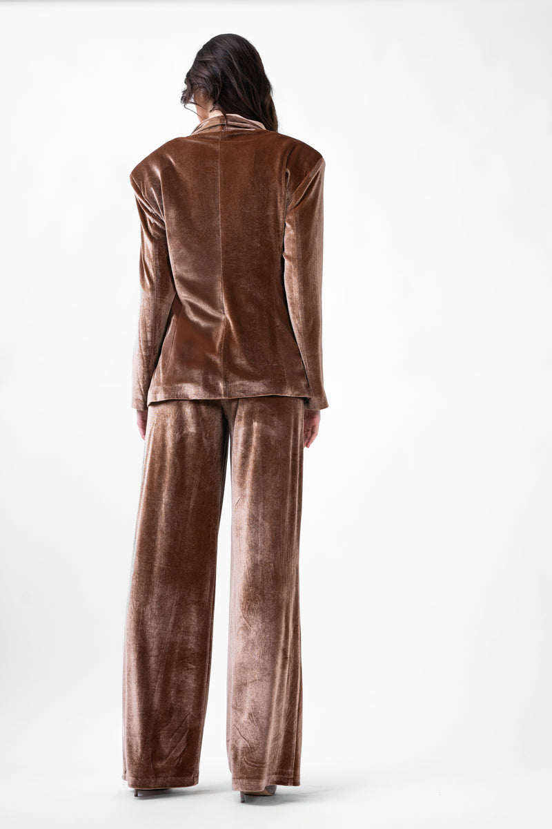 Brown Velvet Suit With Blazer And Straight Trousers