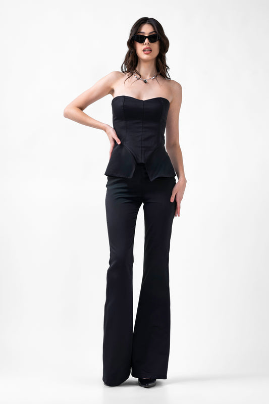 Set negru cu corset si pantaloni evazati