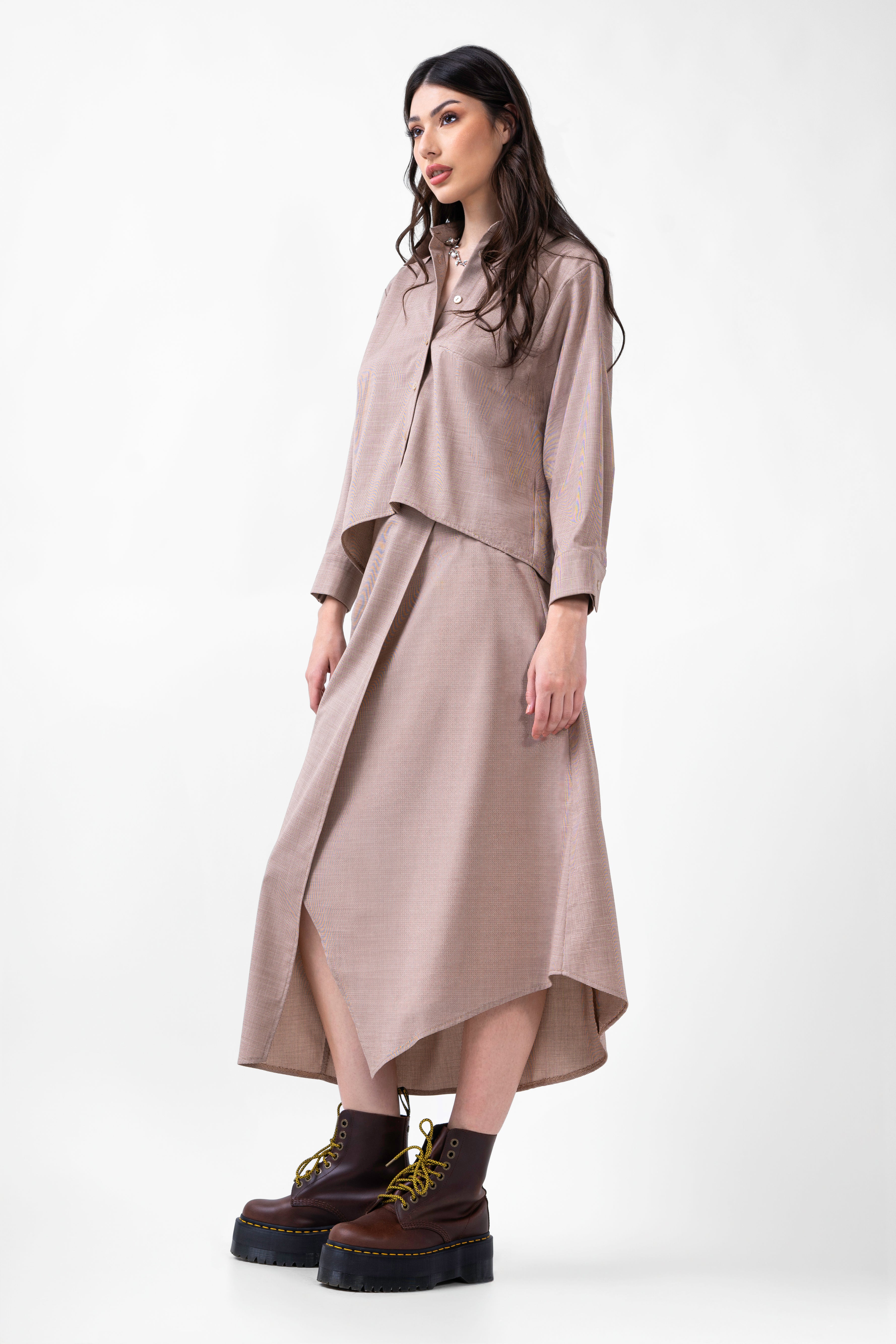 Beige Set With Blouse And Midi Skirt