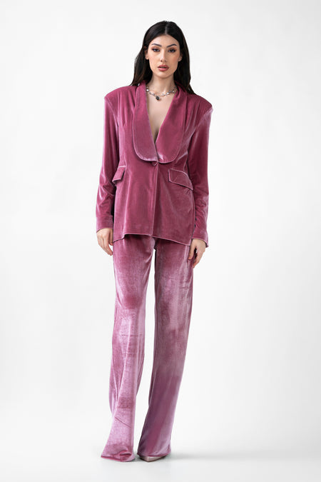 Pink Velvet Suit With Blazer And Straight Trousers