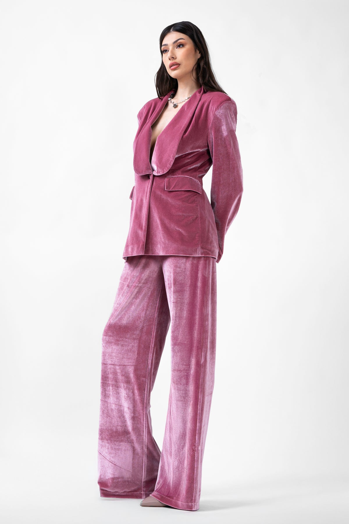 Pink Velvet Suit With Blazer And Straight Trousers