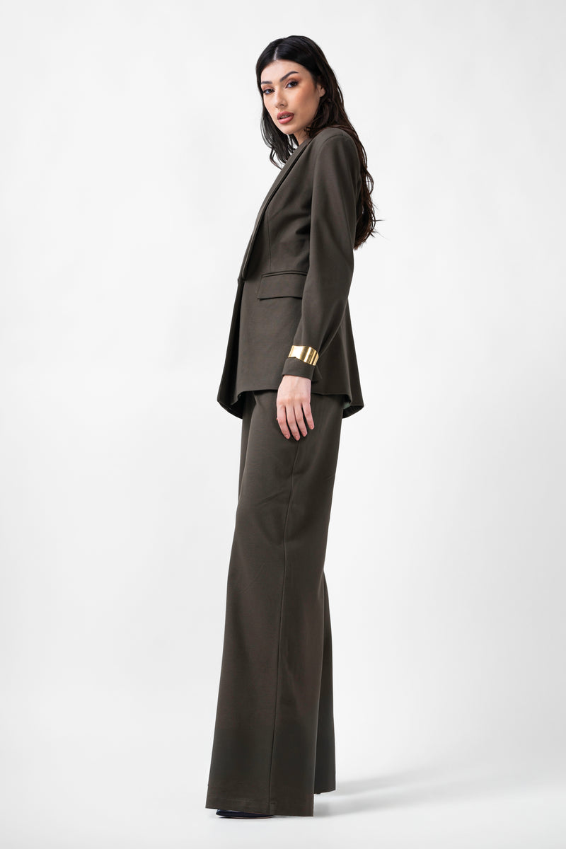 Khaki Suit With Blazer And Straight Trousers