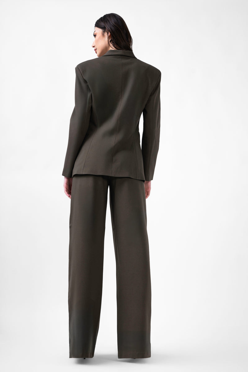 Khaki Suit With Blazer And Straight Trousers