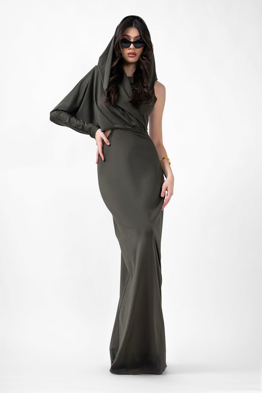 Rochie maxi khaki cu gluga