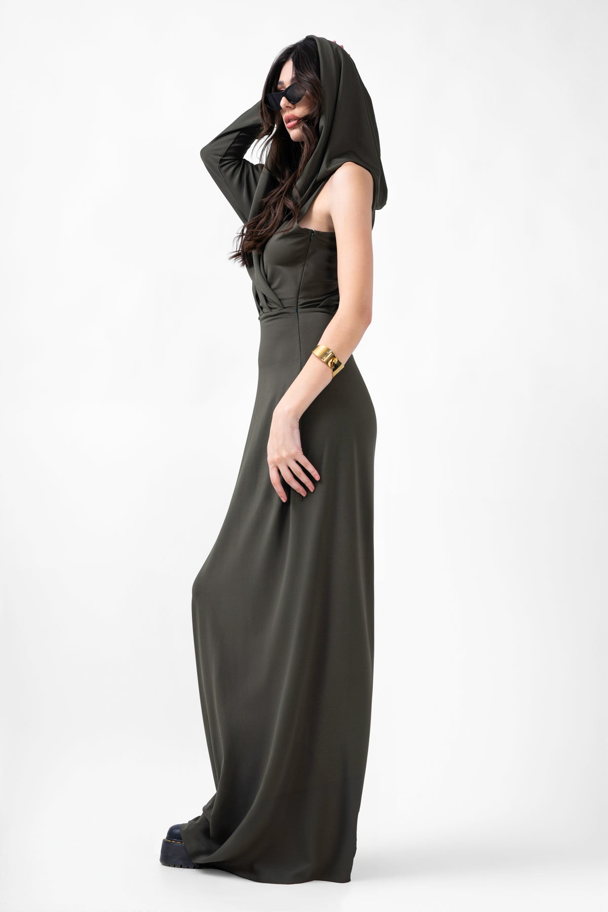 Khaki Draped Dress With Hood