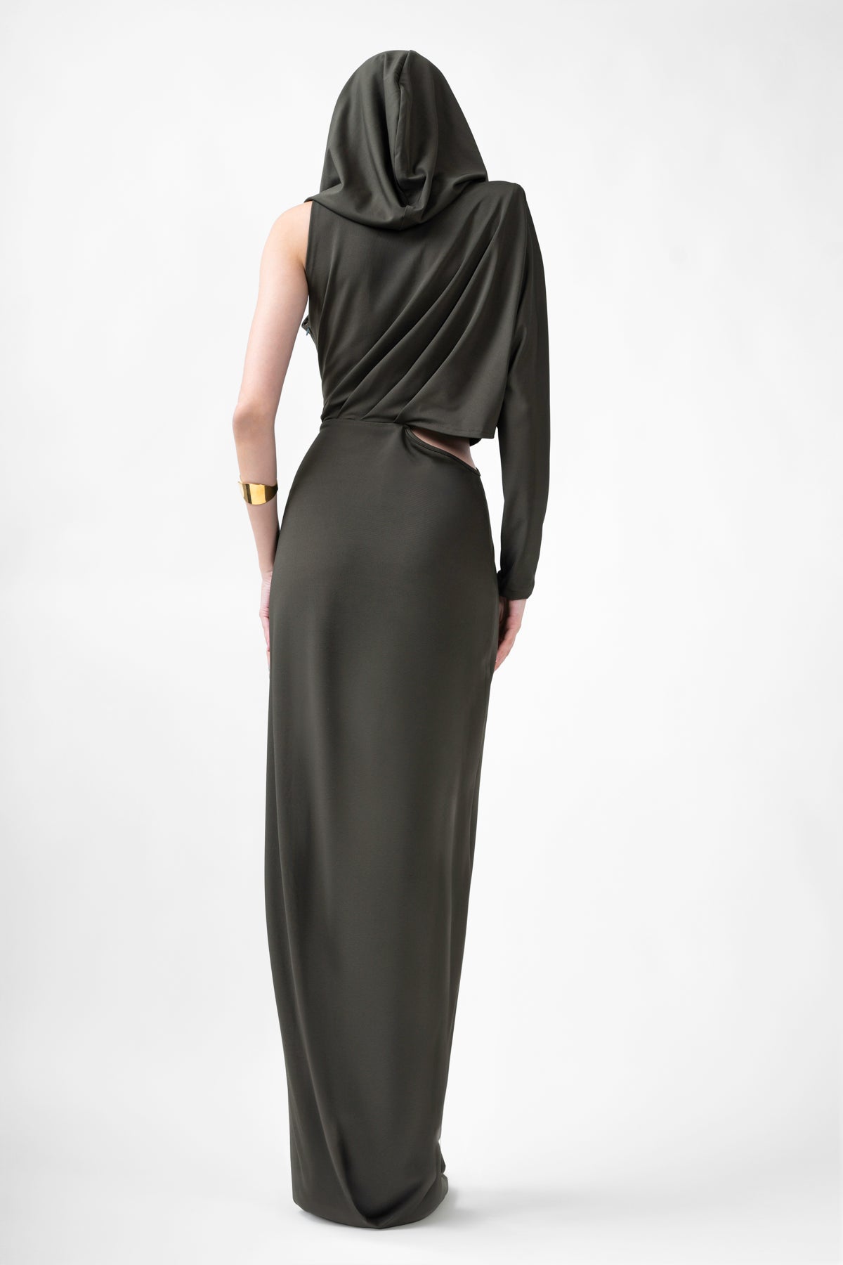 Khaki Draped Dress With Hood