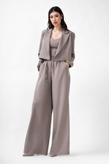 Beige Suit With Cropped Blazer And Wide Leg Trousers