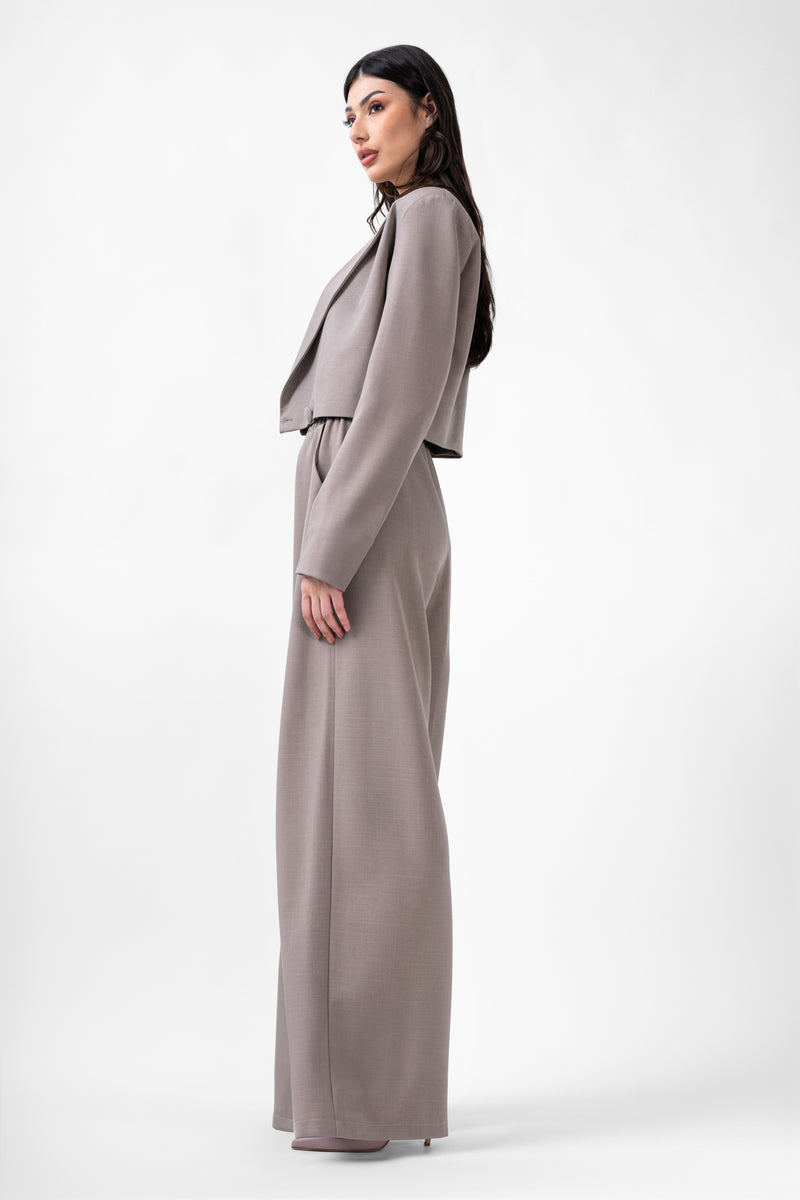 Beige Suit With Cropped Blazer And Wide Leg Trousers