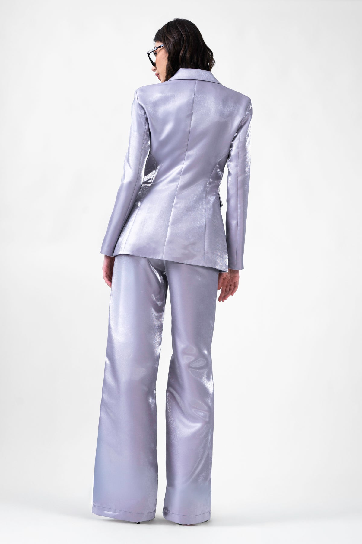 Grey Taffeta Suit With Blazer And Straight Trousers