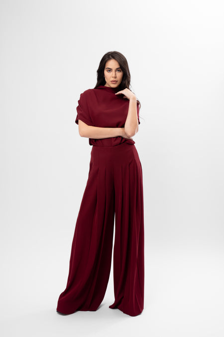 Set Burgundy cu Drapaje și Pantaloni cu Pliuri