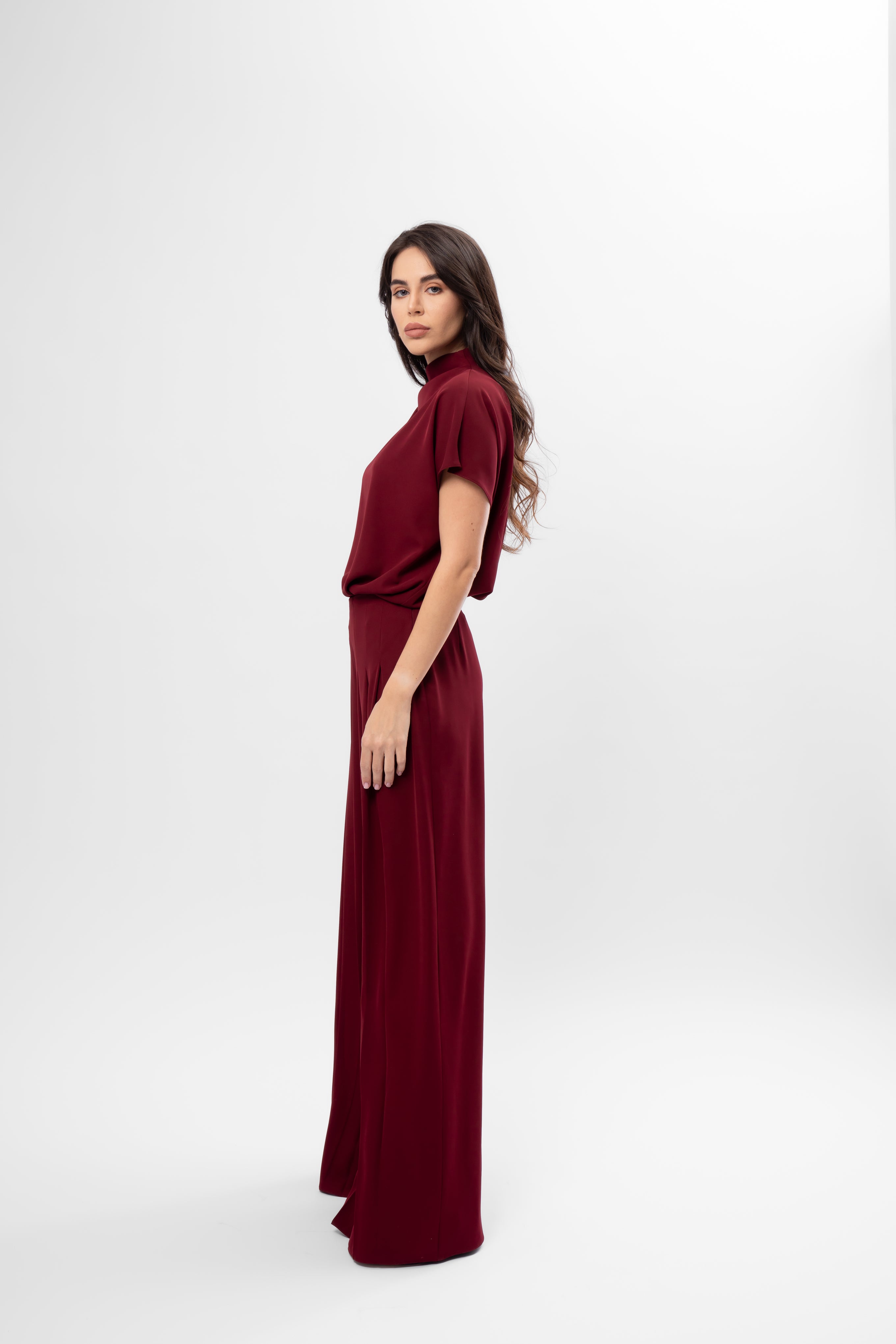 Burgundy Draped Top and Pleated Pants Set
