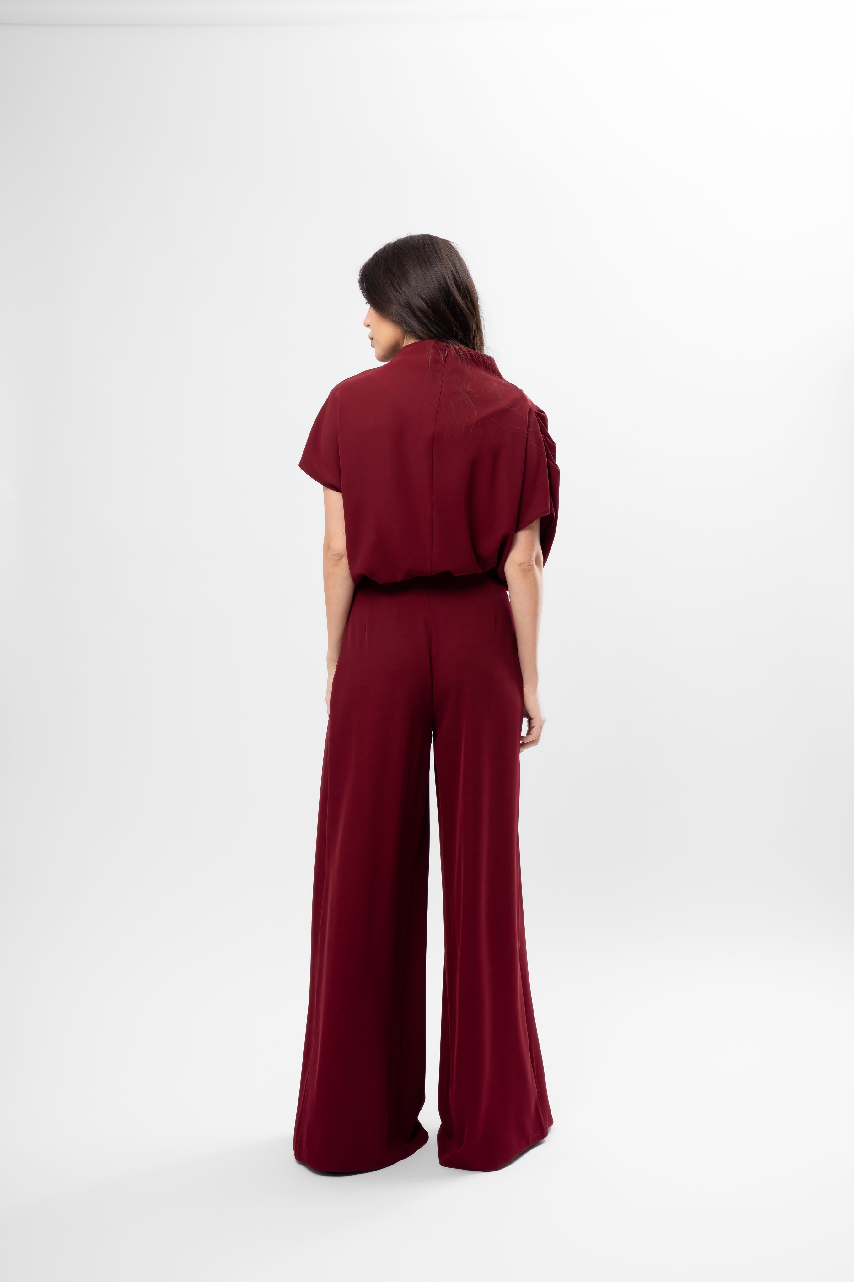 Burgundy Draped Top and Pleated Pants Set