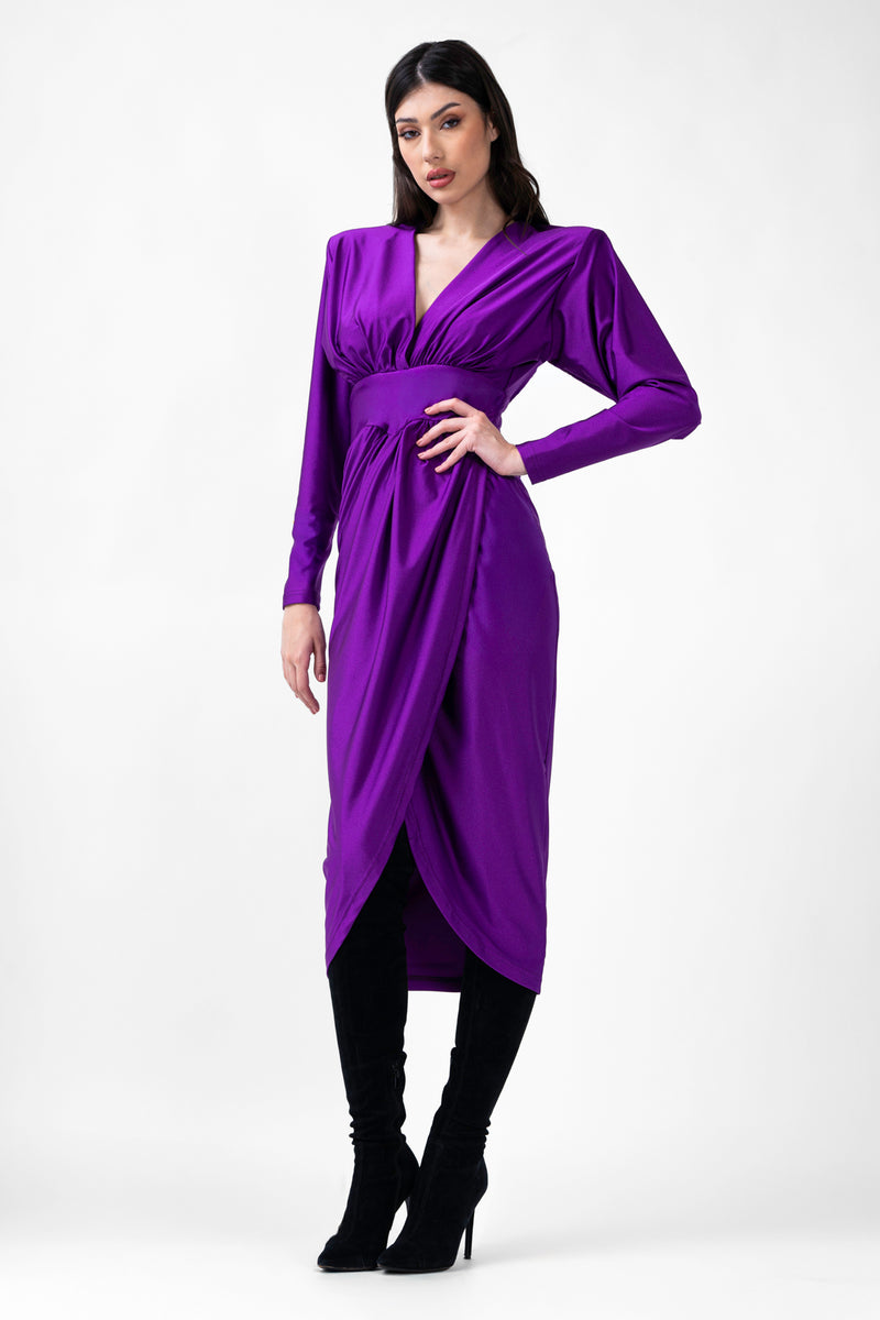 Purple Midi Dress With Corset And V-Neck