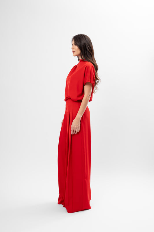 Red Draped Top and Pleated Pants Set