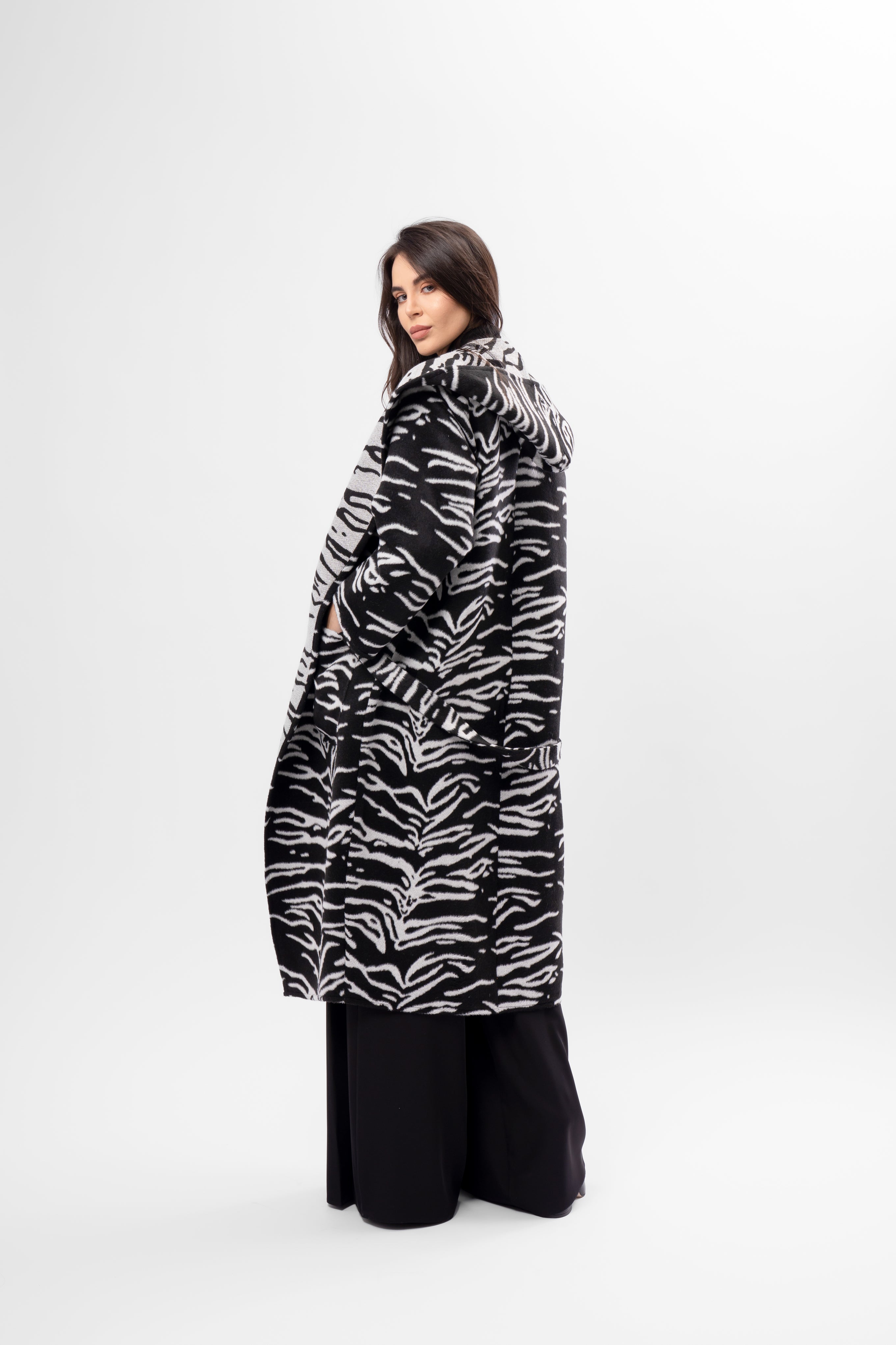 Long Hooded Coat with Zebra Print