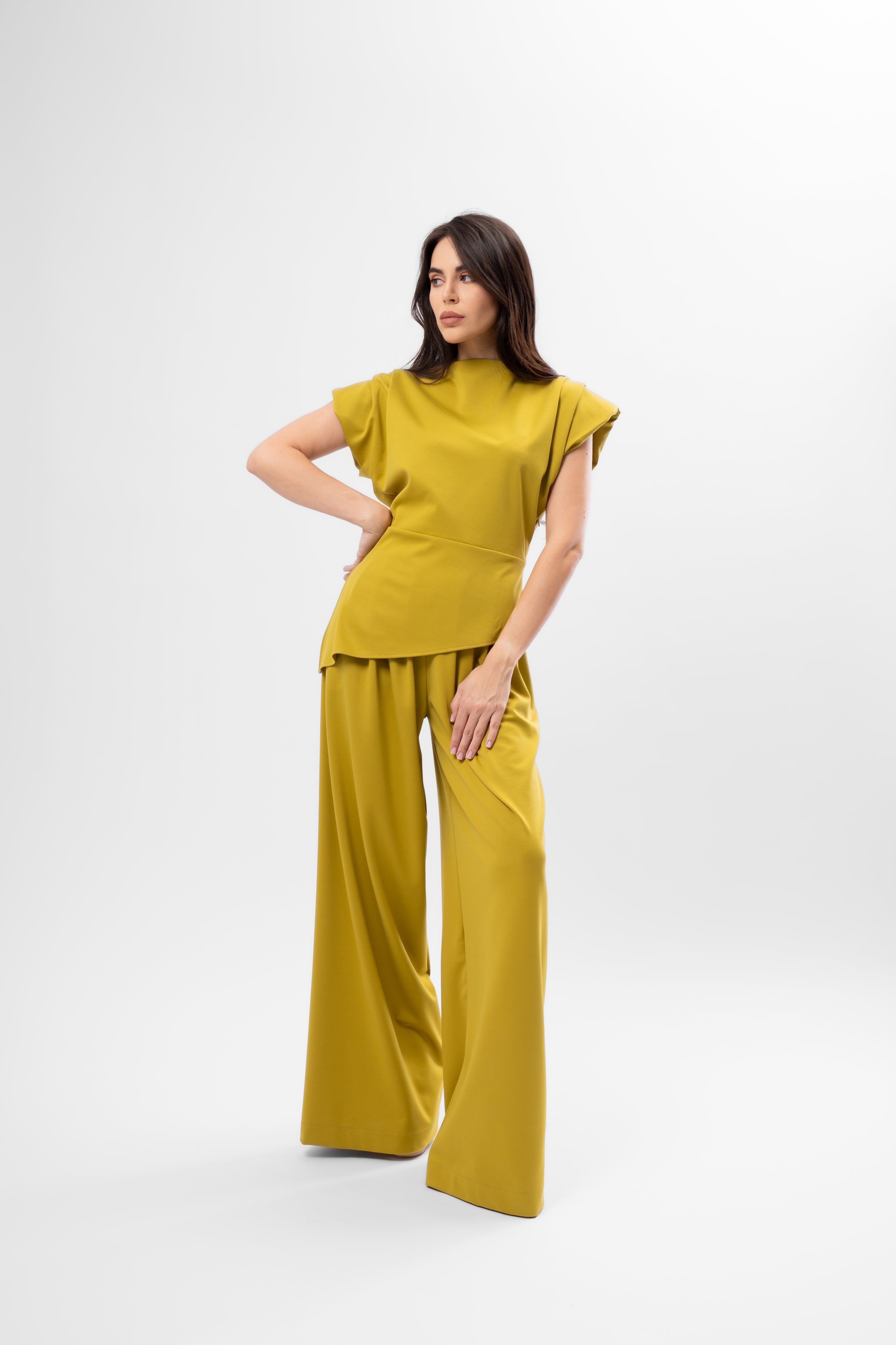 Lime Set with Structured Shoulder Top and Palazzo Pants