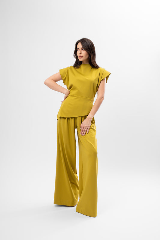Lime Set with Structured Shoulder Top and Palazzo Pants