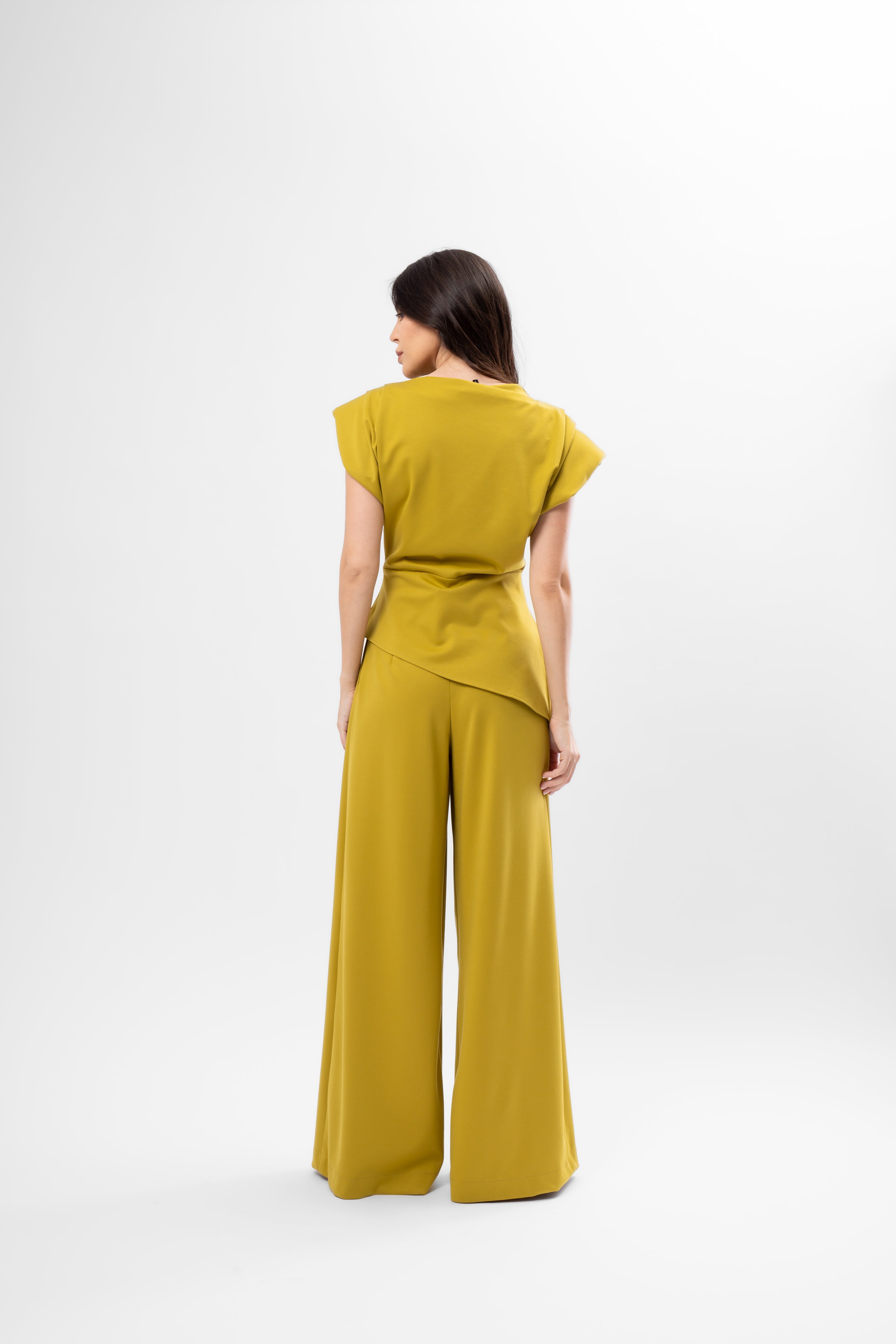 Set Lime cu Top cu Umeri Structurați și Pantaloni Palazzo