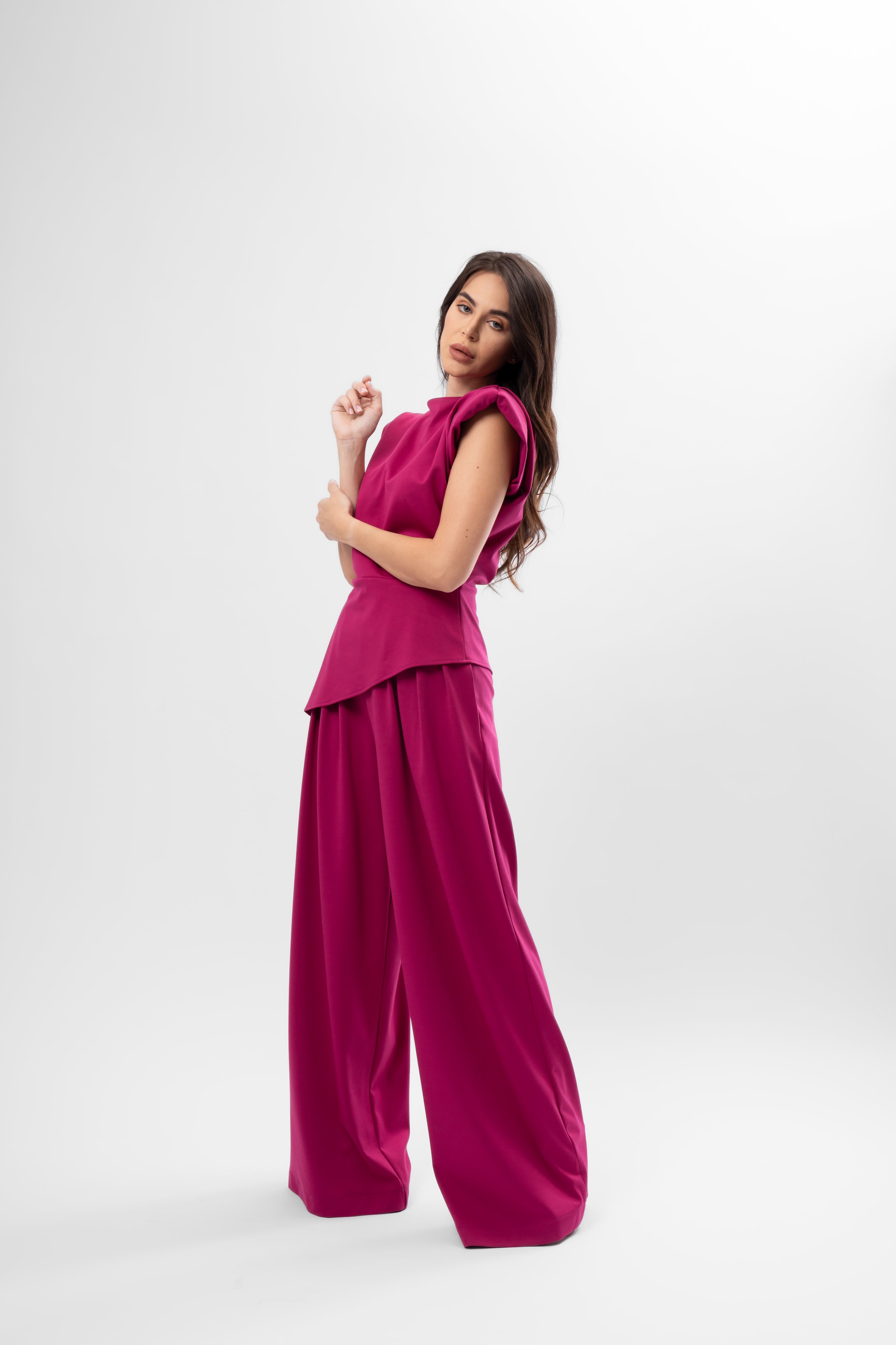 Fuchsia Set with Structured Shoulder Top and Palazzo Pants