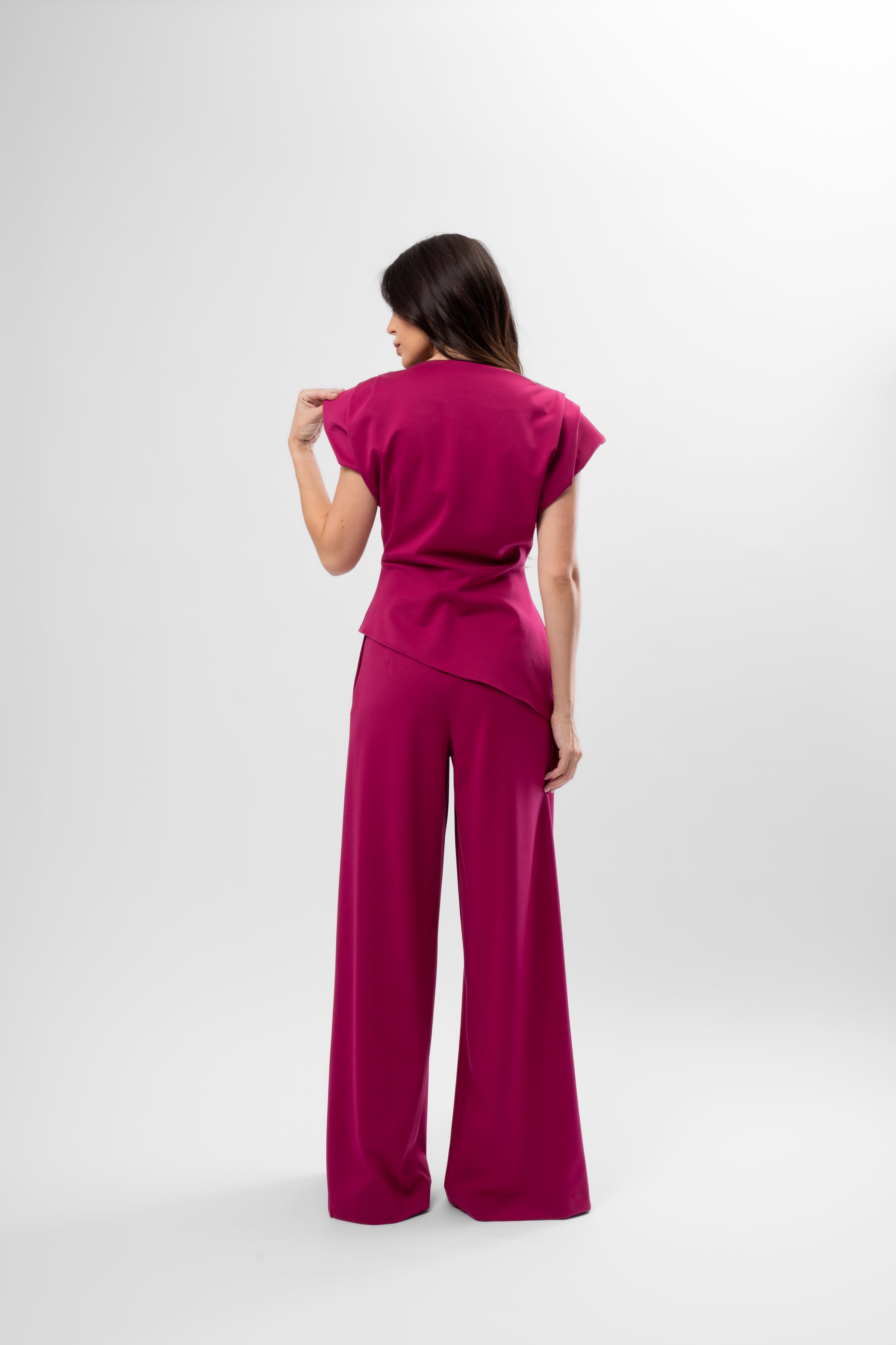 Fuchsia Set with Structured Shoulder Top and Palazzo Pants