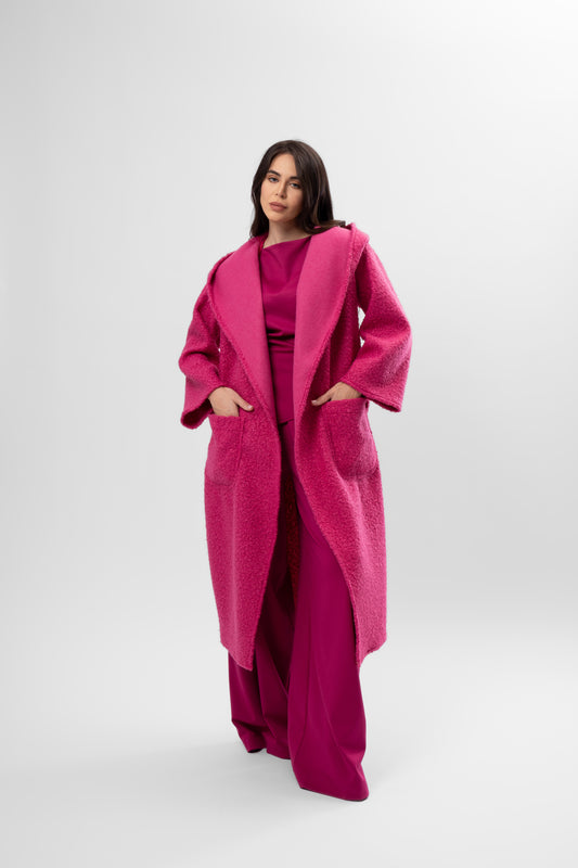 Palton Lung din Stofă boucle cu Glugă și Cordon 