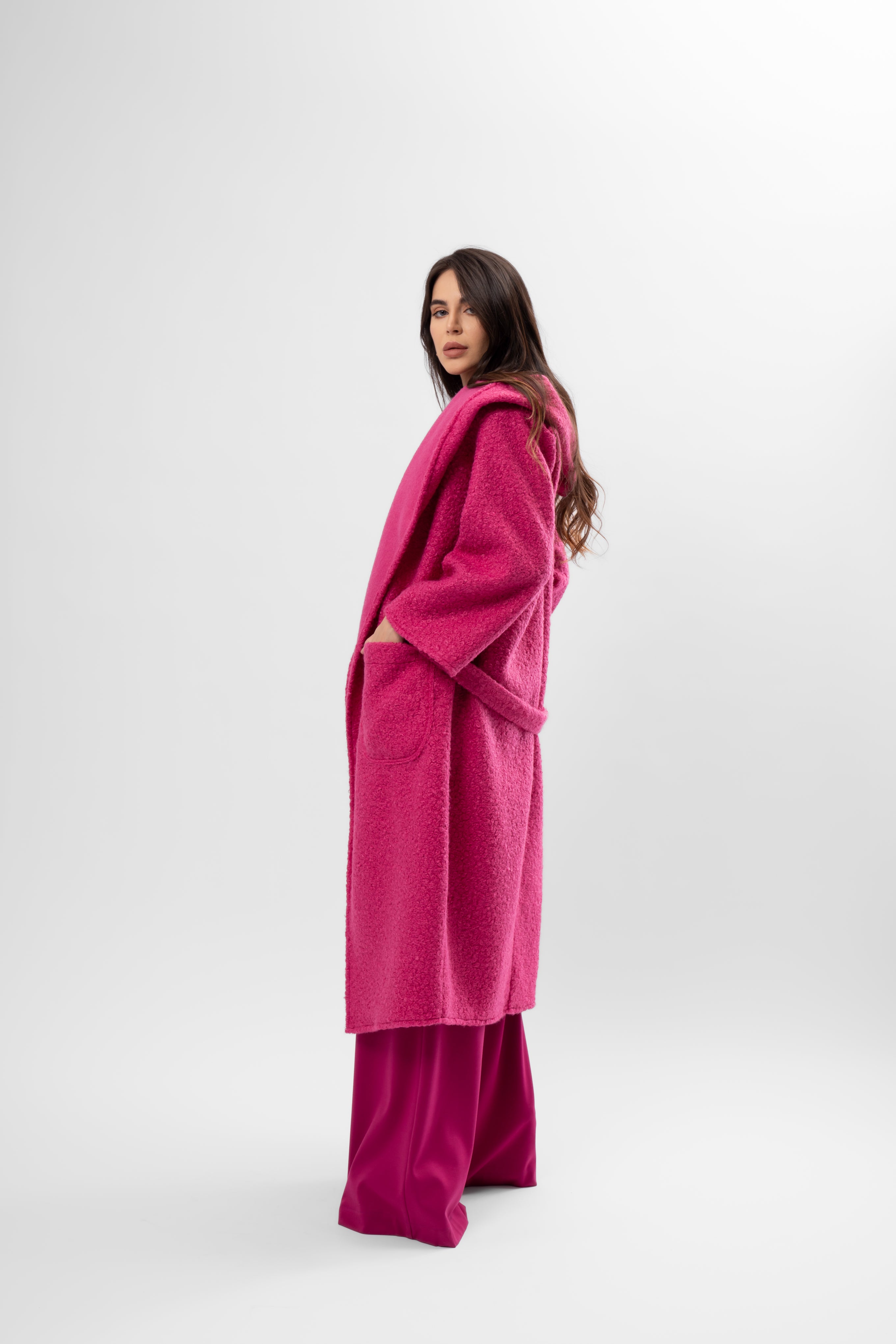 Long Textured Coat with Hood and Belt – Fuchsia