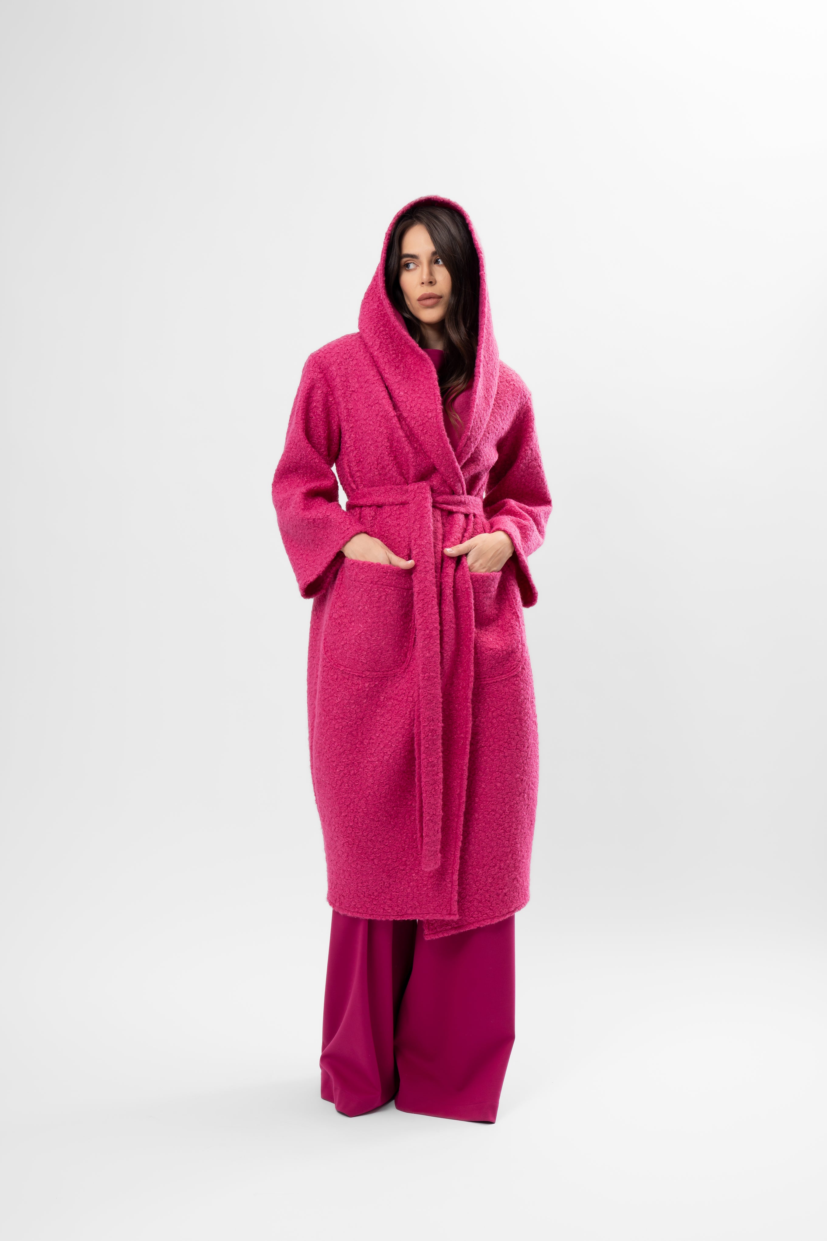 Long Textured Coat with Hood and Belt – Fuchsia