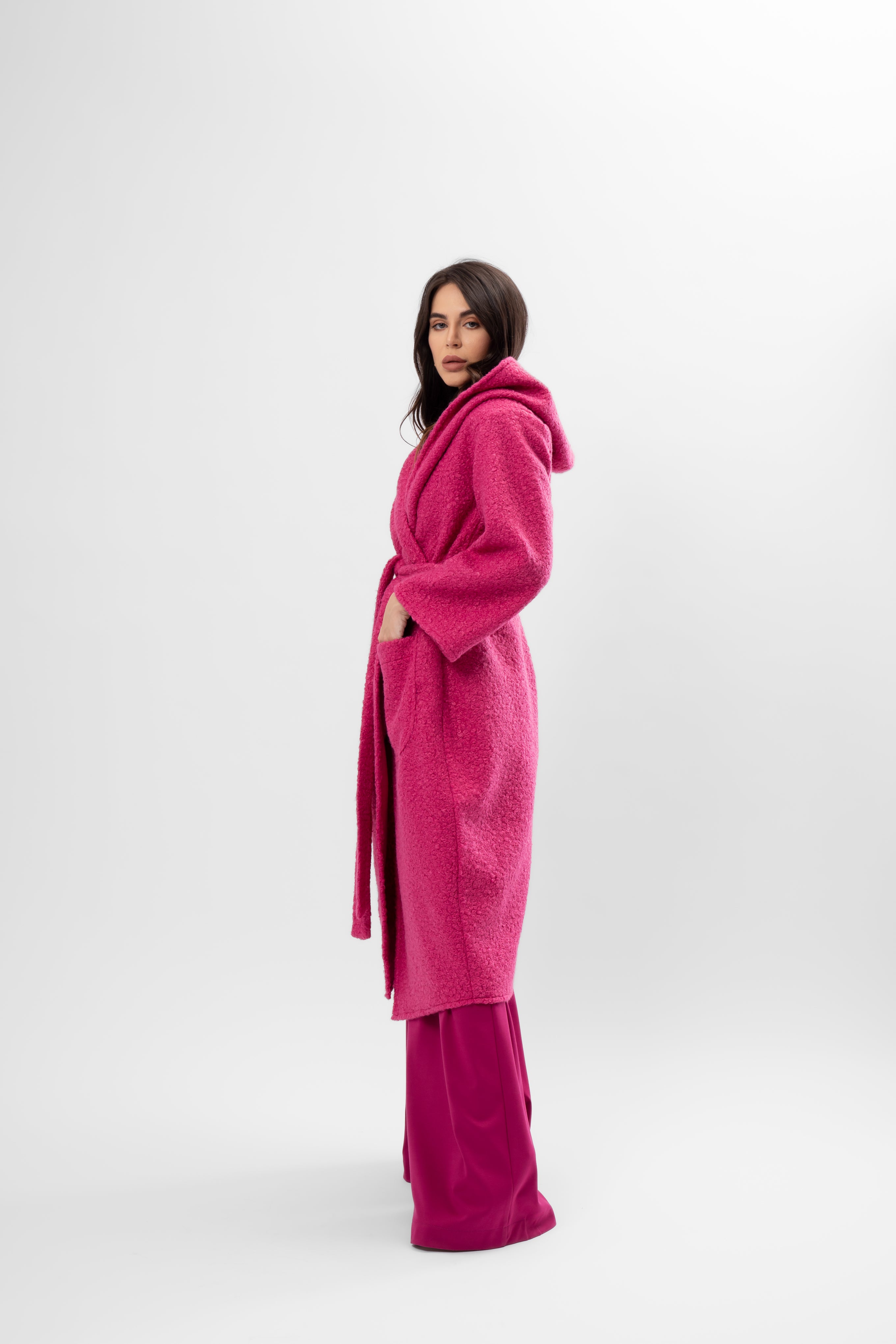 Long Textured Coat with Hood and Belt – Fuchsia