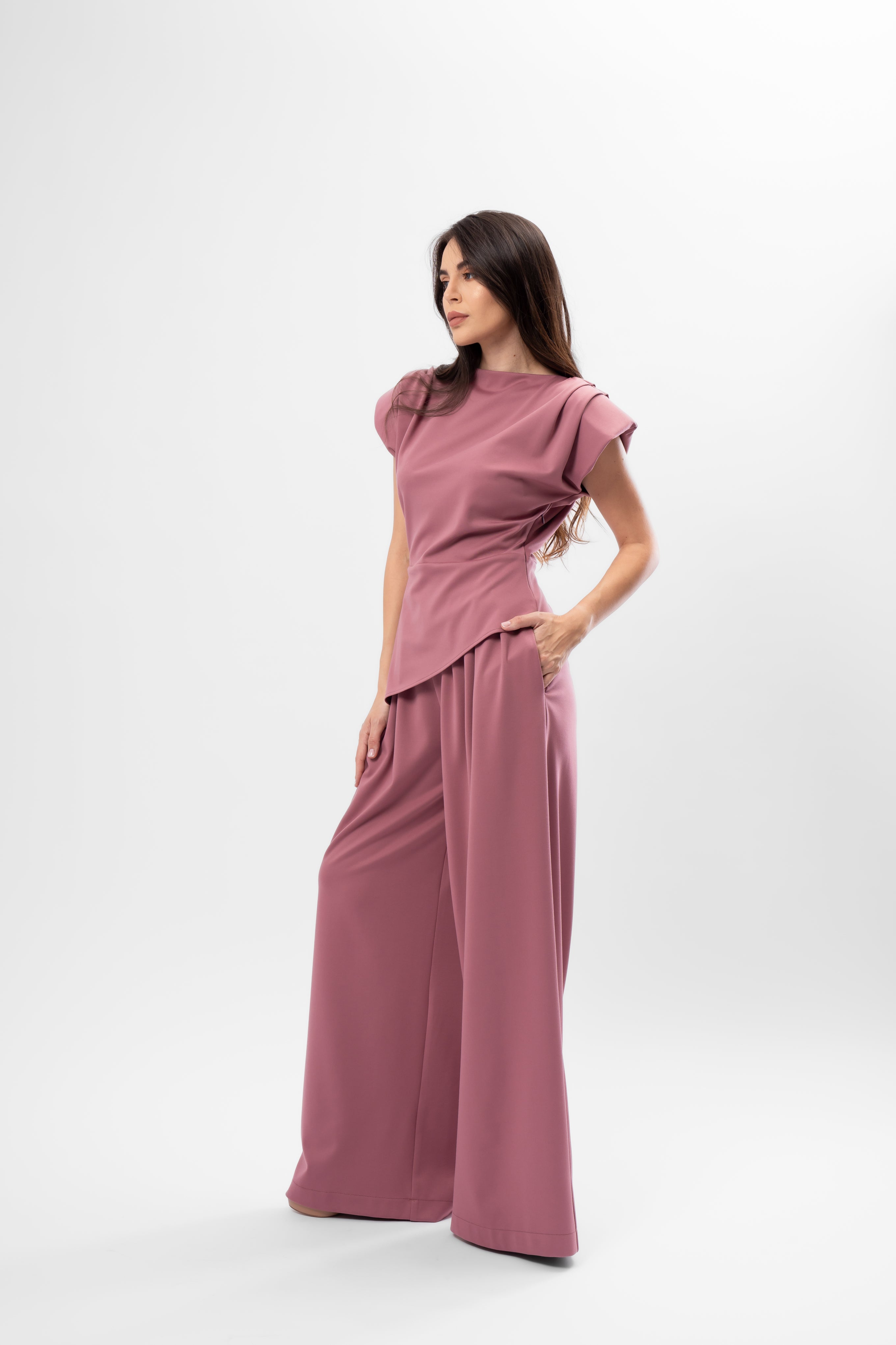 Dusty Rose Set with Structured Shoulder Top and Palazzo Pants
