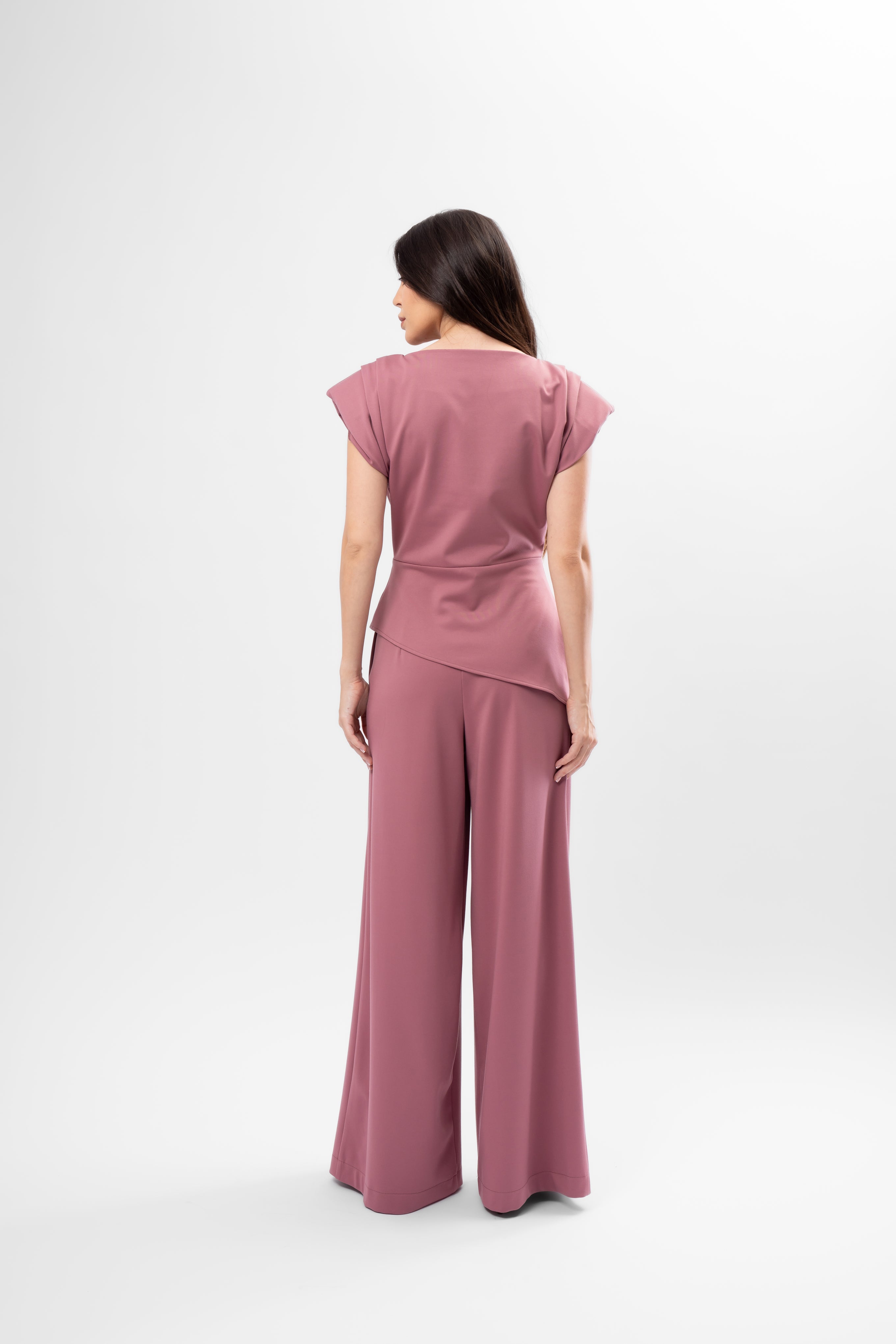 Dusty Rose Set with Structured Shoulder Top and Palazzo Pants