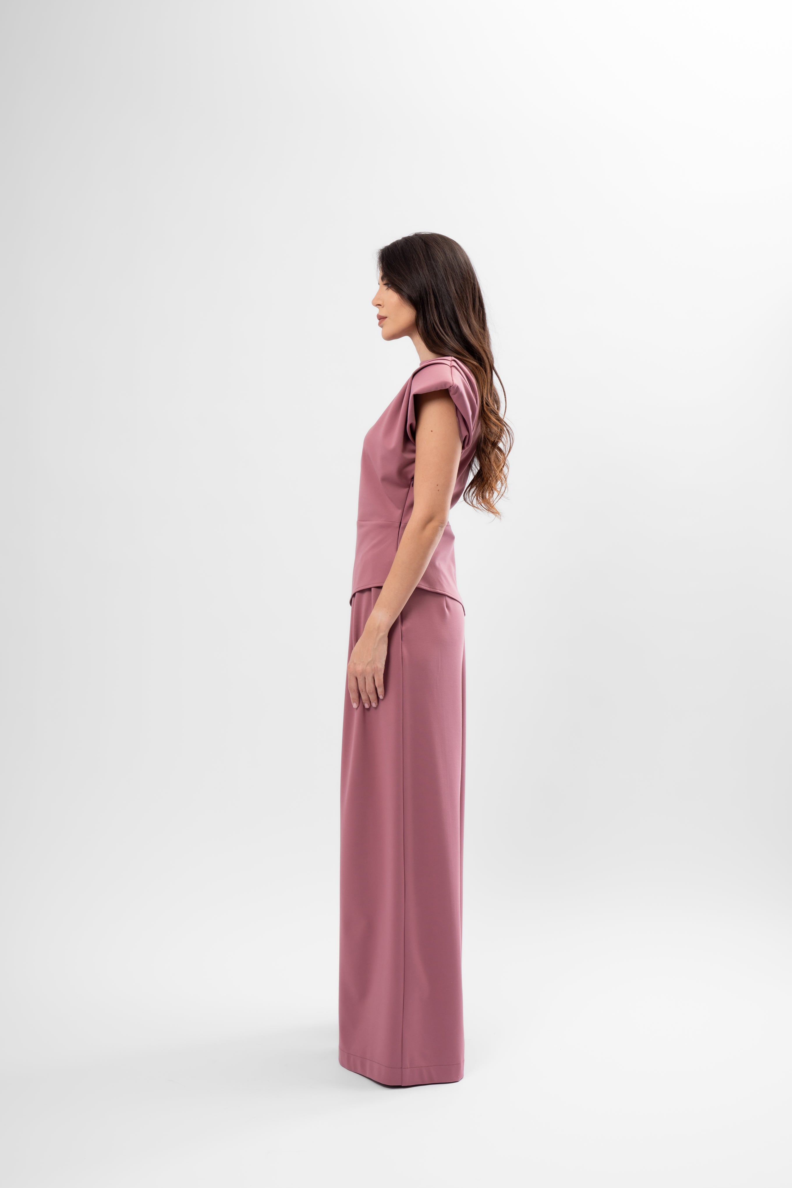 Dusty Rose Set with Structured Shoulder Top and Palazzo Pants