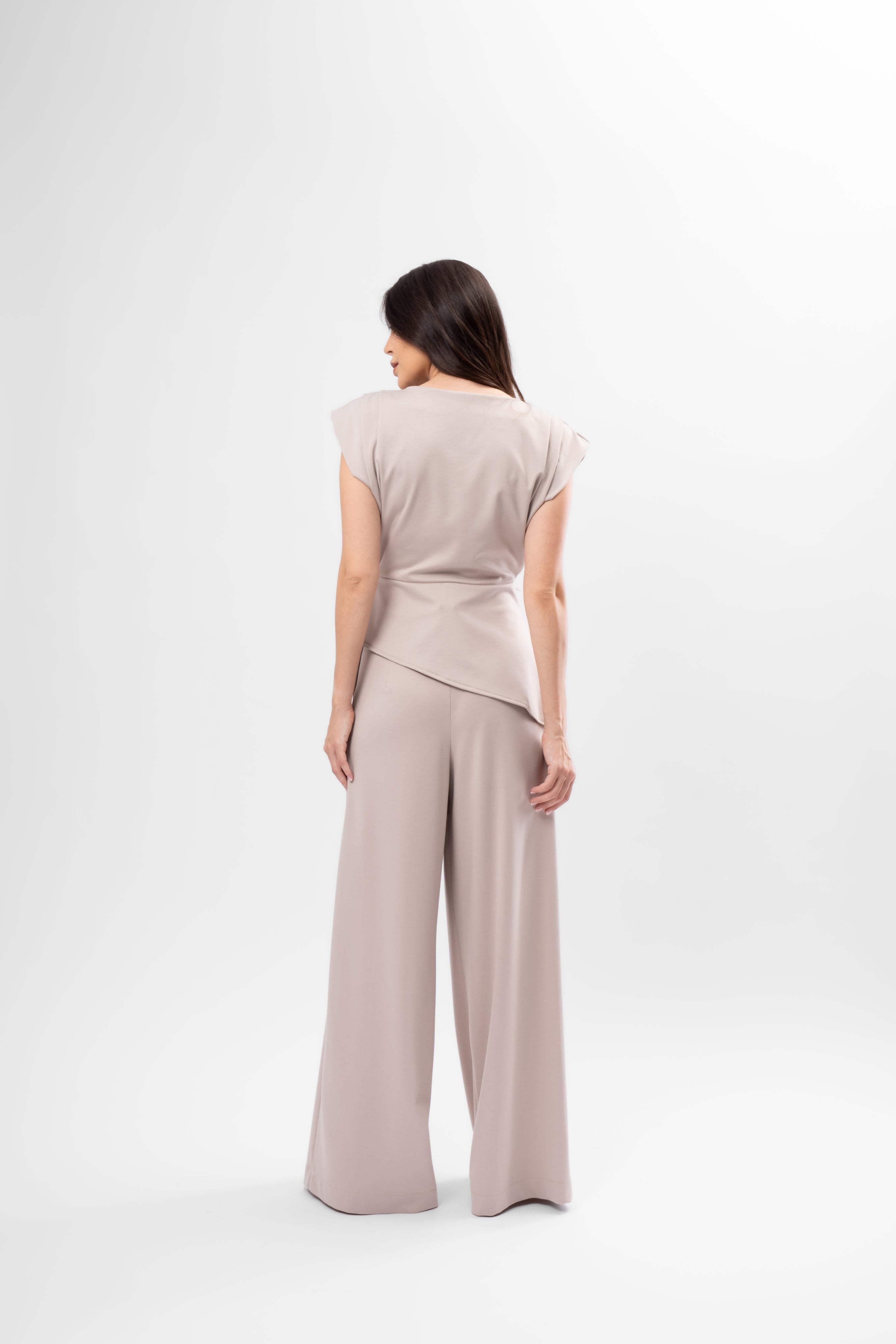 Beige Set with Structured Shoulder Top and Palazzo Pants