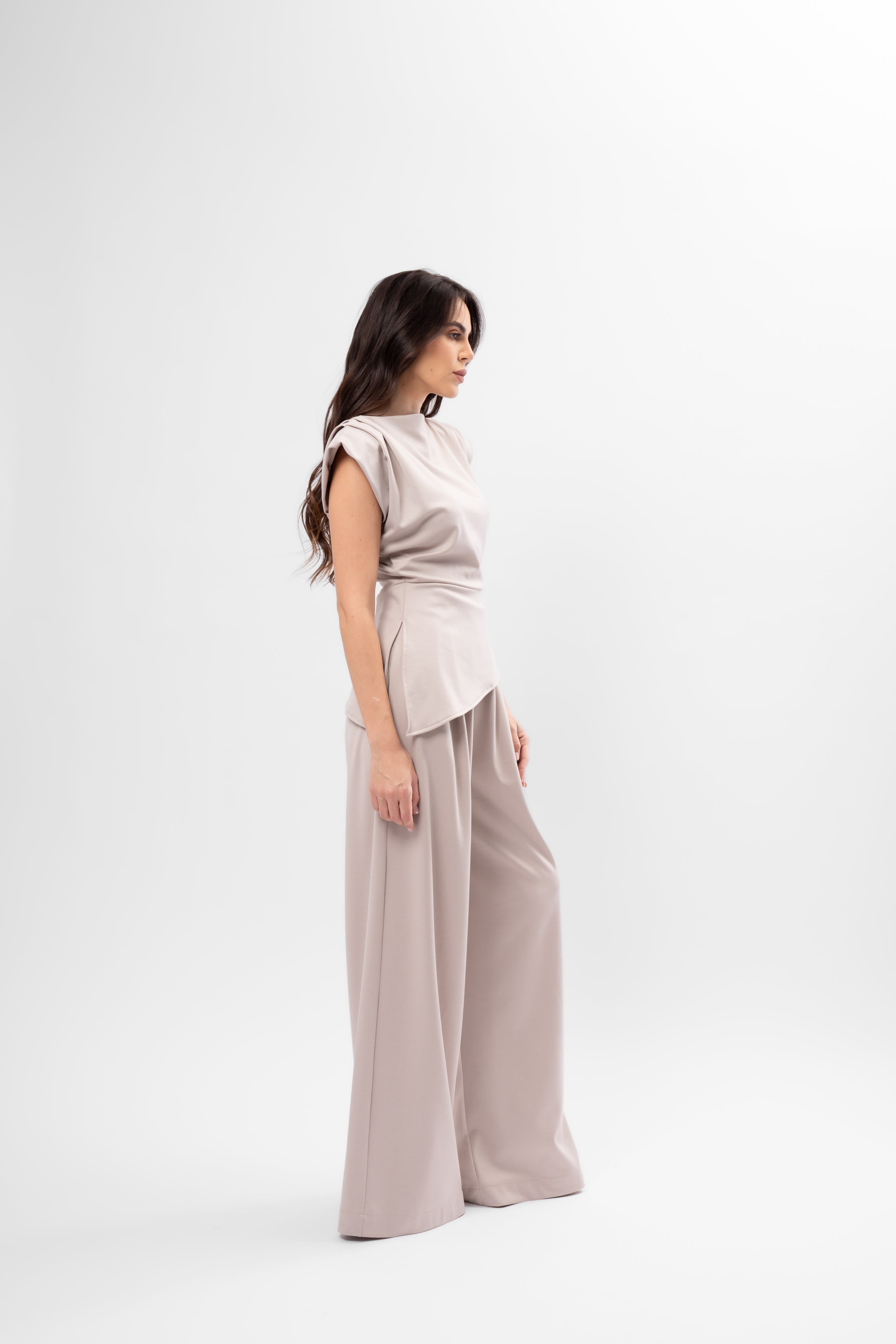 Beige Set with Structured Shoulder Top and Palazzo Pants