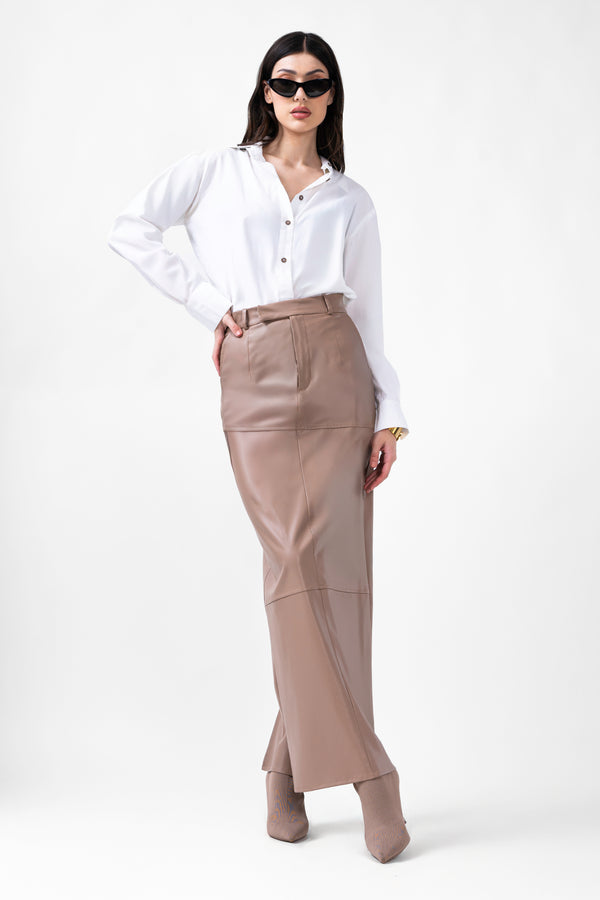 Beige leren midi-rok met details