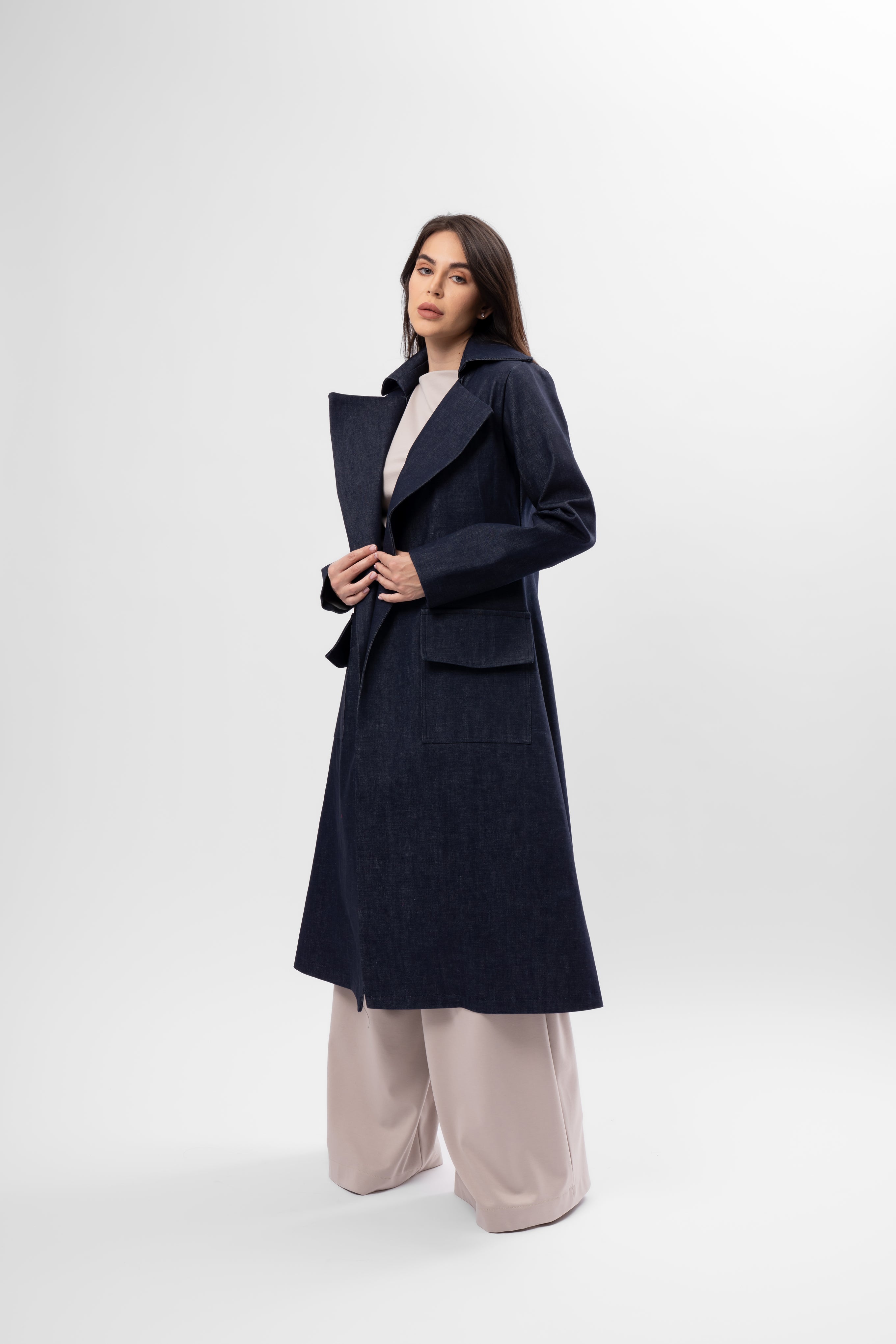 Long Navy Denim Trench Coat