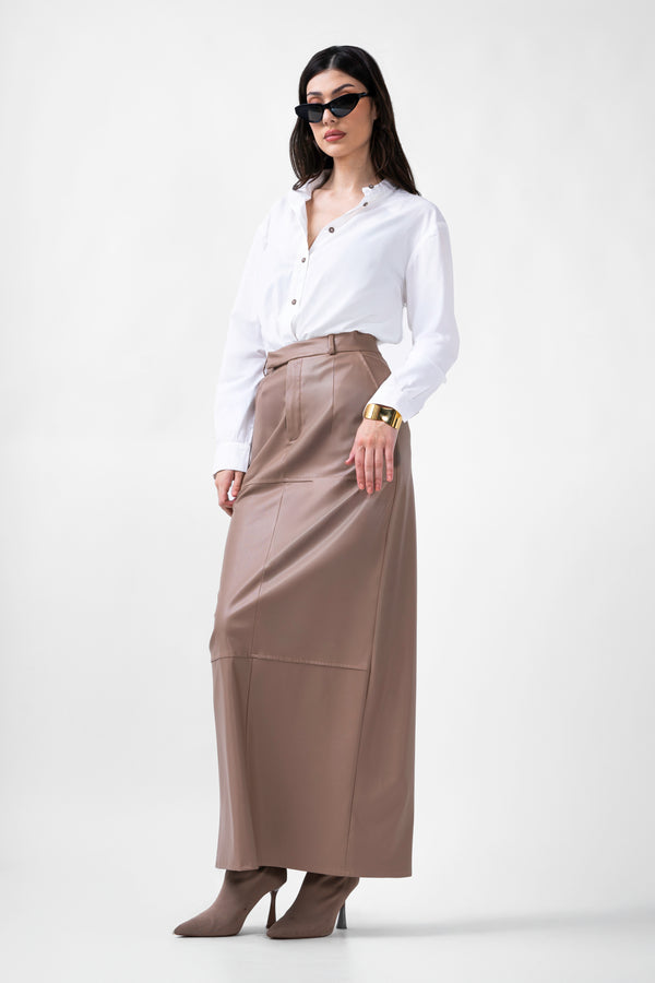 Beige leren midi-rok met details