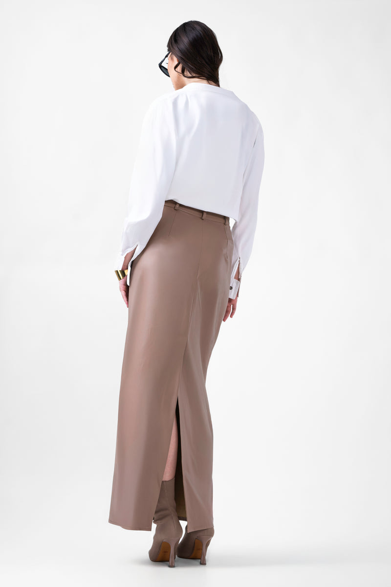 Beige leren midi-rok met details