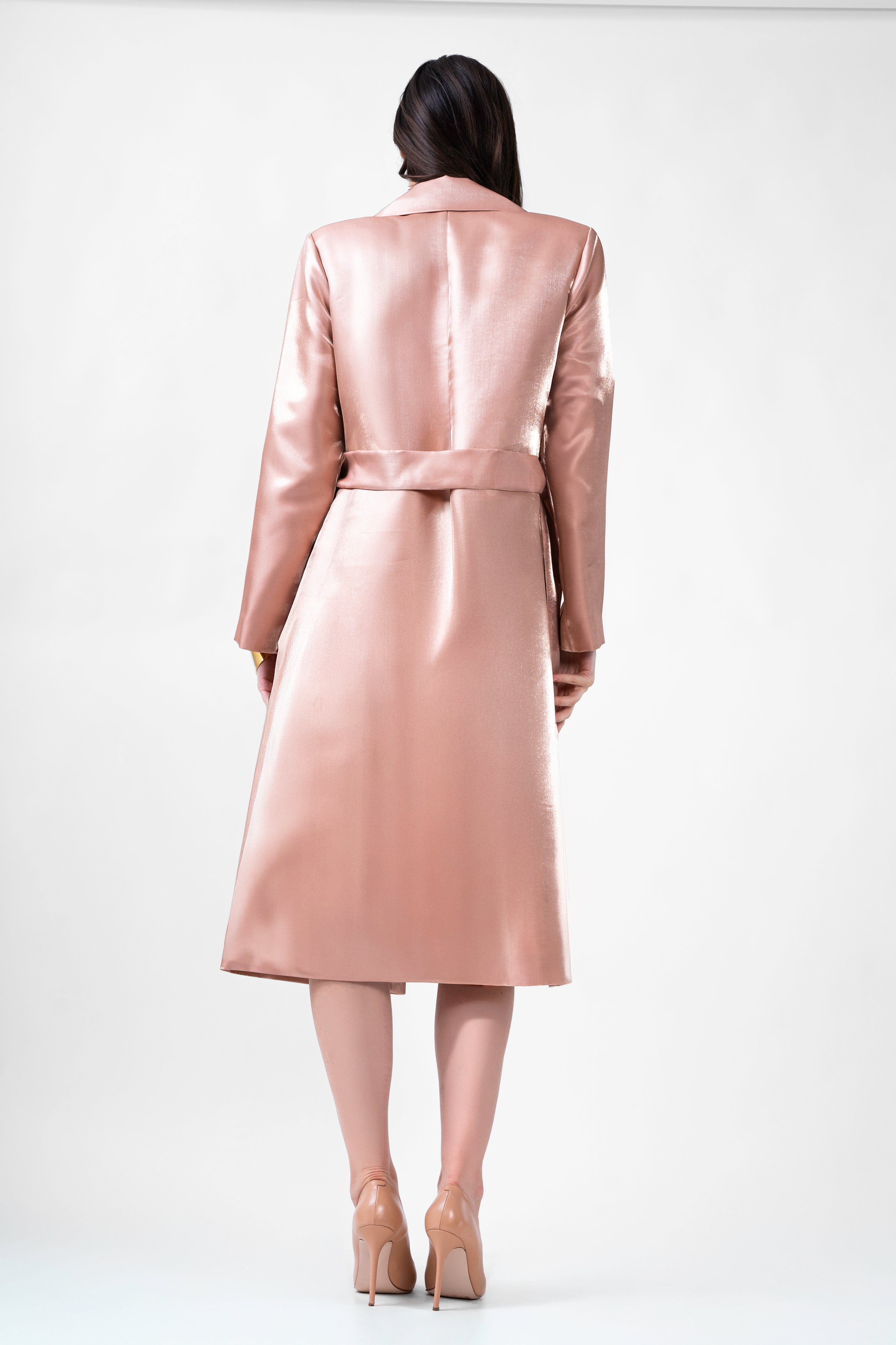 Metallic Beige Straight Overcoat With Belt