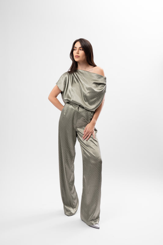 Set Khaki Metalizat cu Top Asimetric și Pantaloni Largi